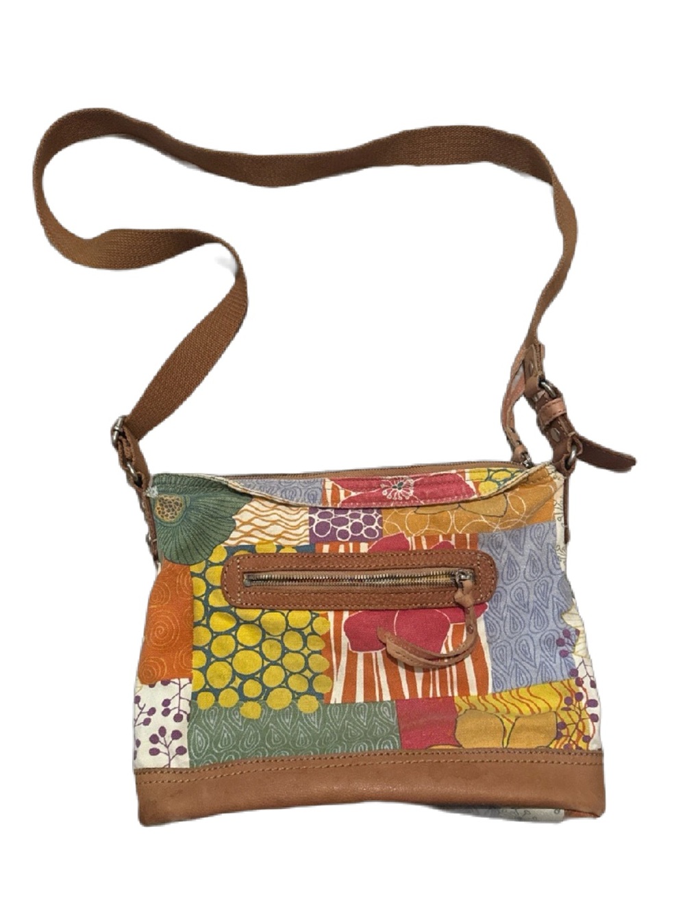 Fossil Multicolor Patchwork Crossbody Bag with Brown Strap